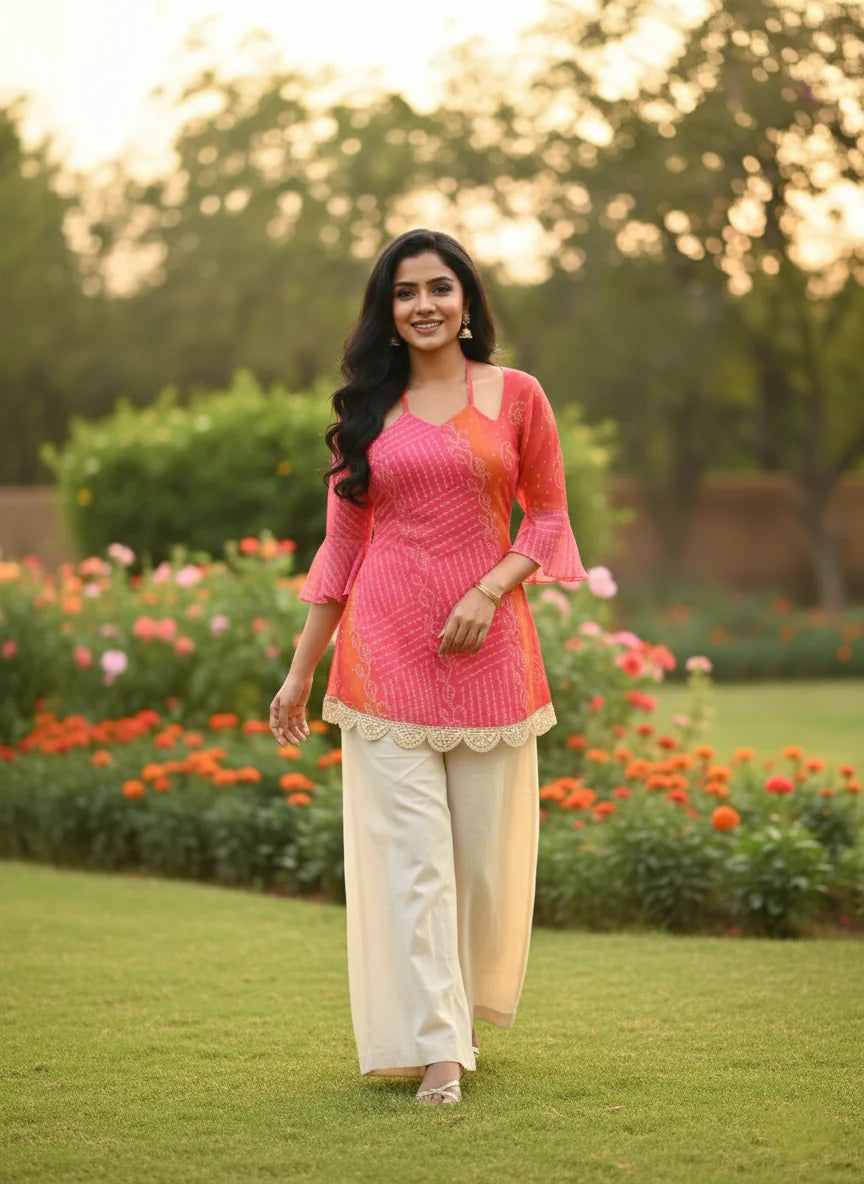 Rani Pink & Kesari Bandhej Faux Georgette Kurti with Pure Cotton Inner