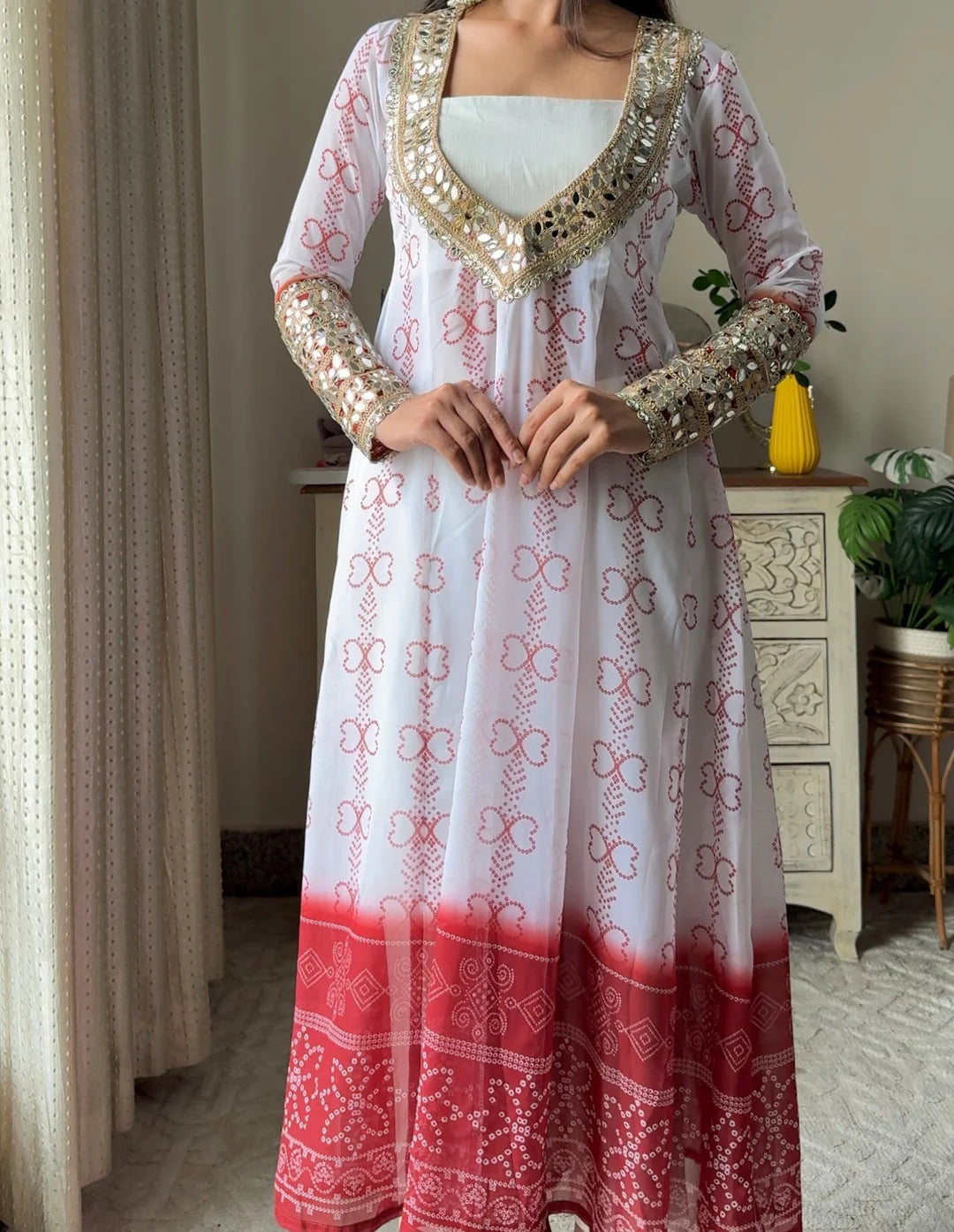 White & Red Faux Georgette Kurti Set with Mirror Work | 3-Piece Festive Wear