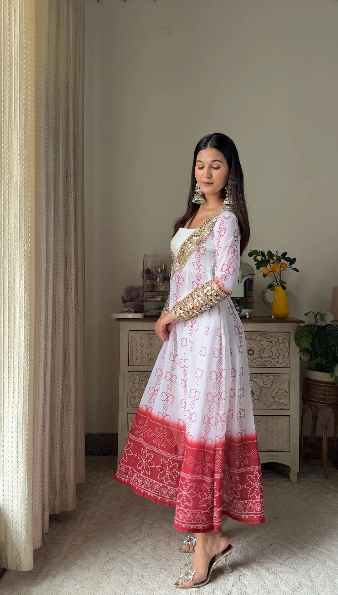 White & Red Faux Georgette Kurti Set with Mirror Work | 3-Piece Festive Wear