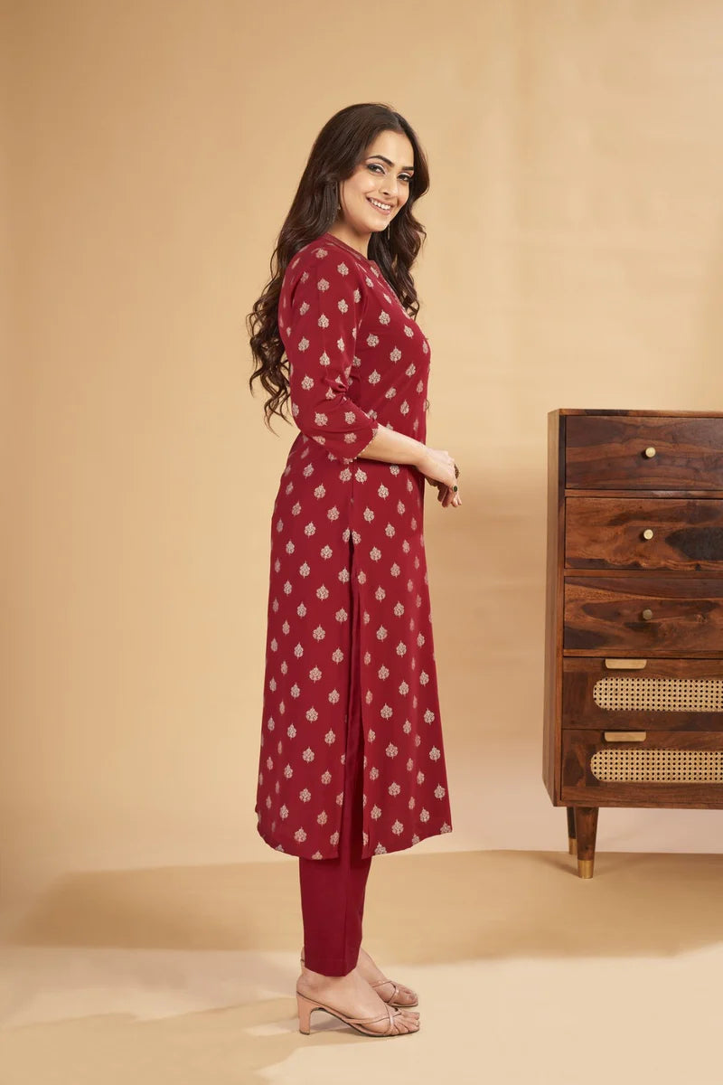 Foil Printed Straight Woman Maroon Kurta