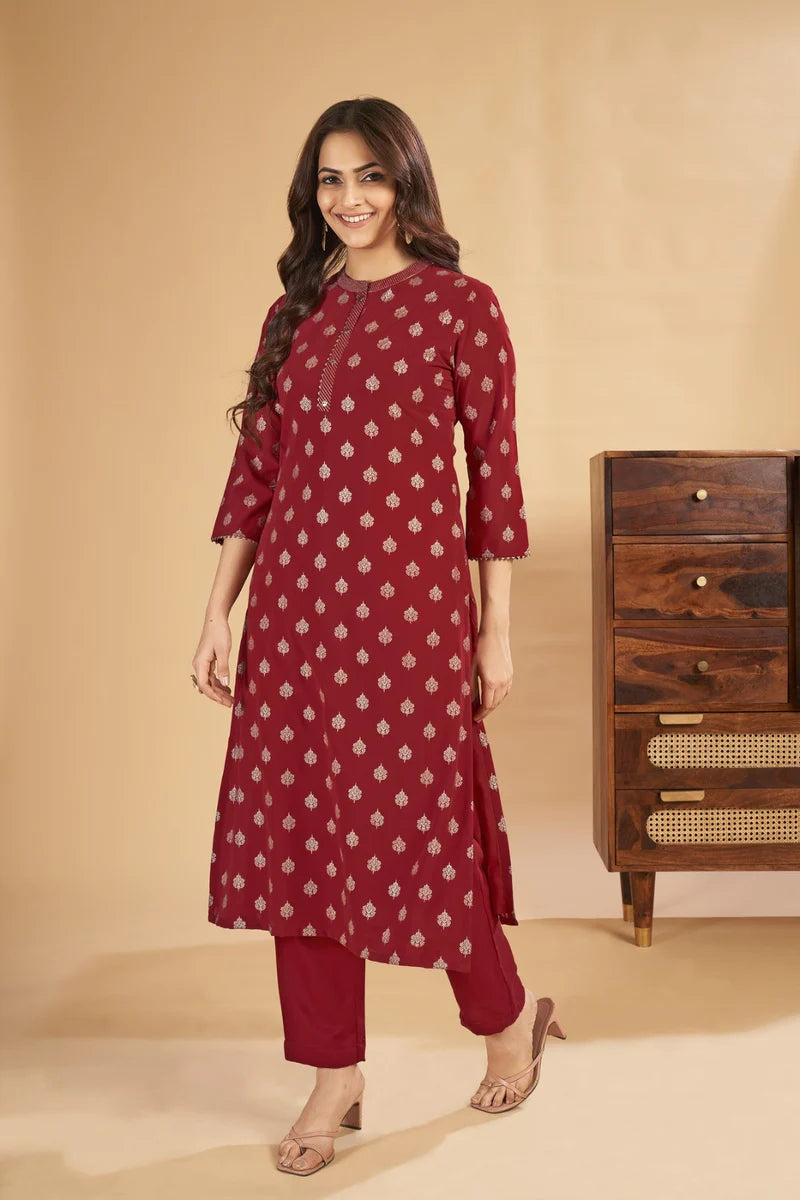 Foil Printed Straight Woman Maroon Kurta