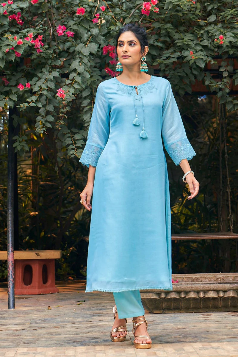 Kota Doria Embroidered Turquoise Kurta