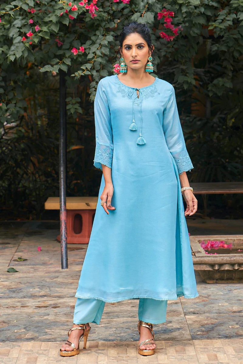 Kota Doria Embroidered Turquoise Kurta