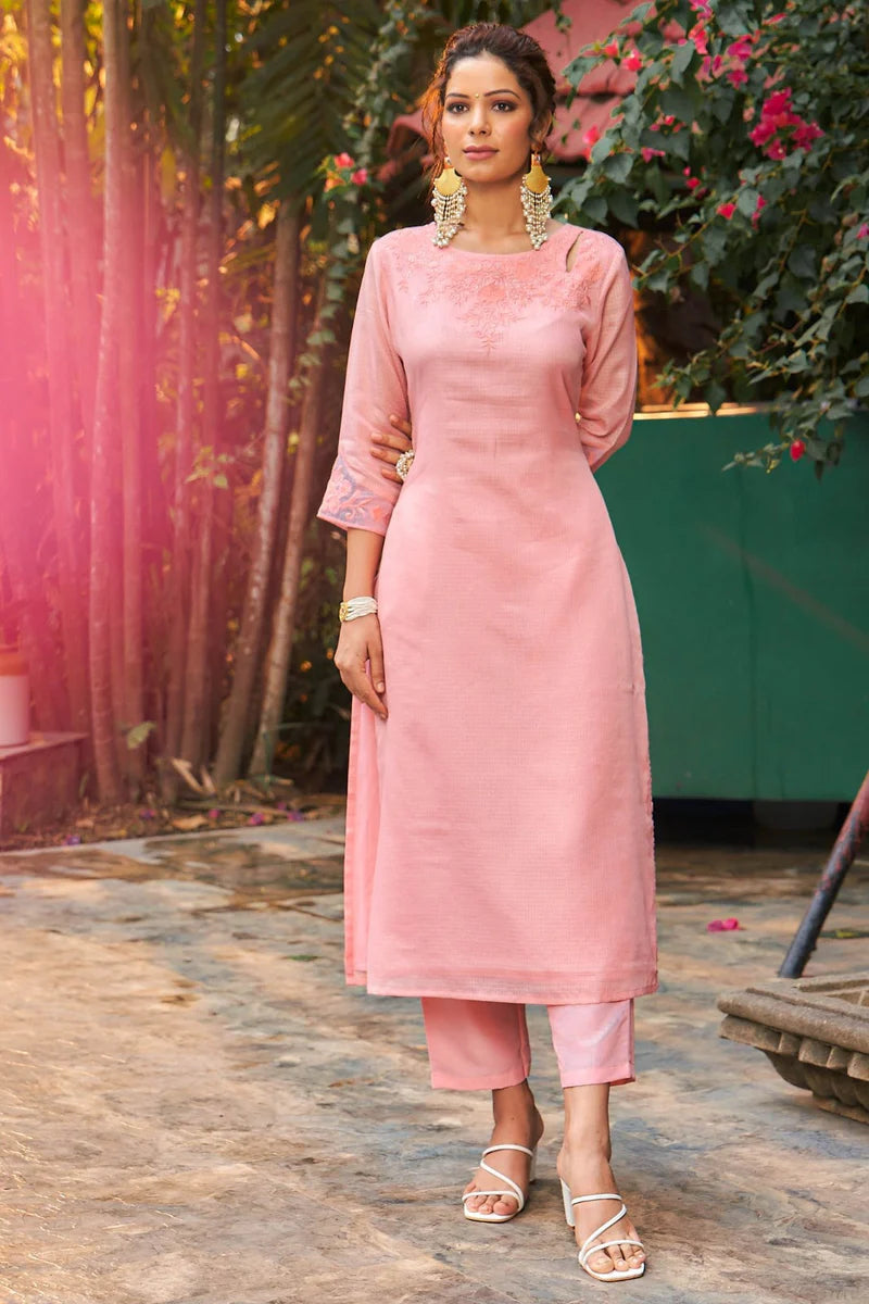 Kota Doria Embroidered Straight Woman Peach Kurta