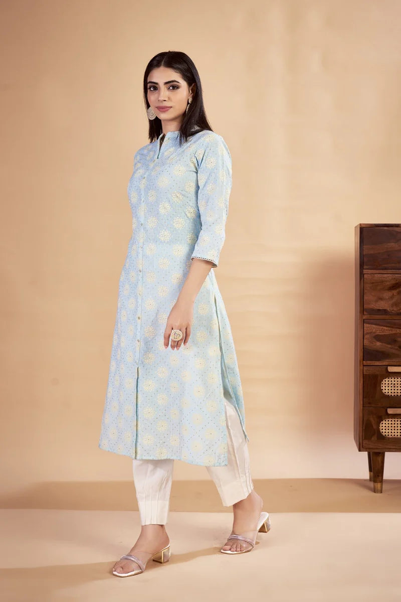 Blue Table Printed Poly Cotton Woman Kurta