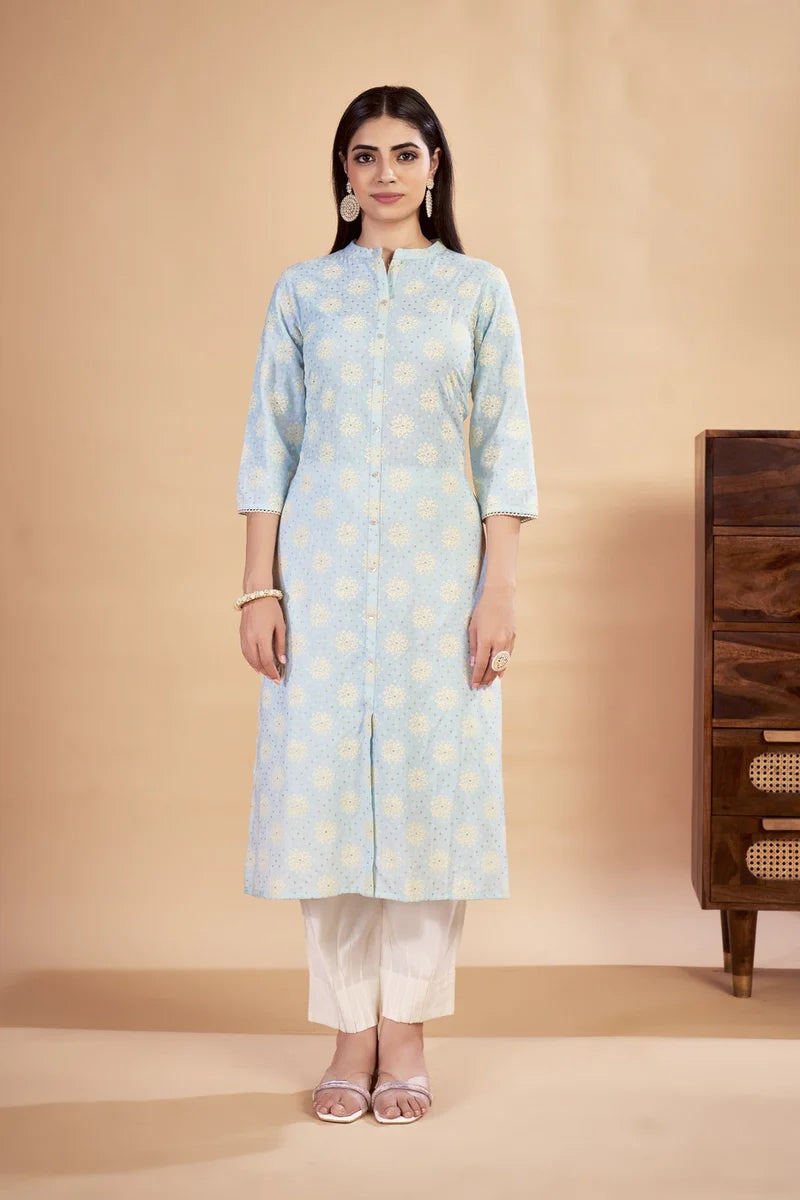 Blue Table Printed Poly Cotton Woman Kurta