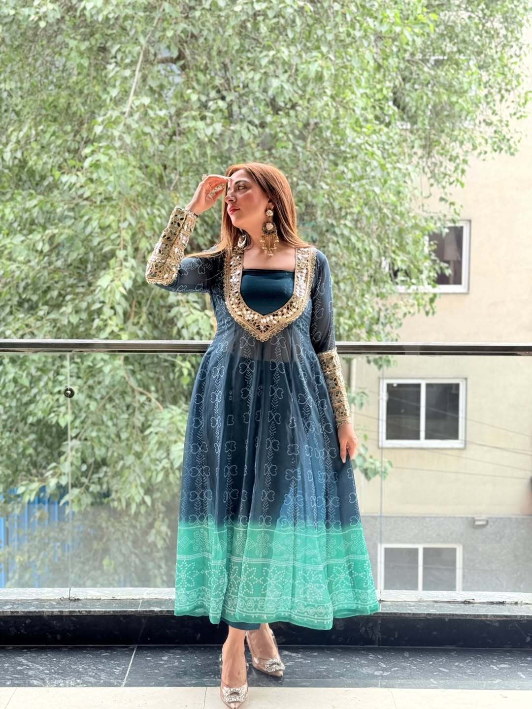 Ocean Bloom Georgette Kurti Set with Mirror Work | 3-Piece Festive Wear