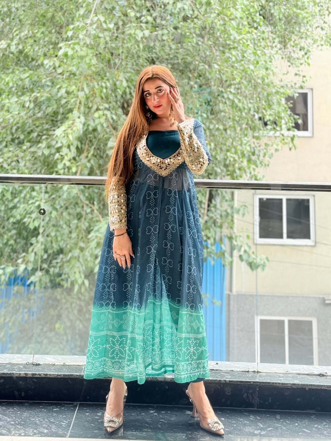 Ocean Bloom Georgette Kurti Set with Mirror Work | 3-Piece Festive Wear