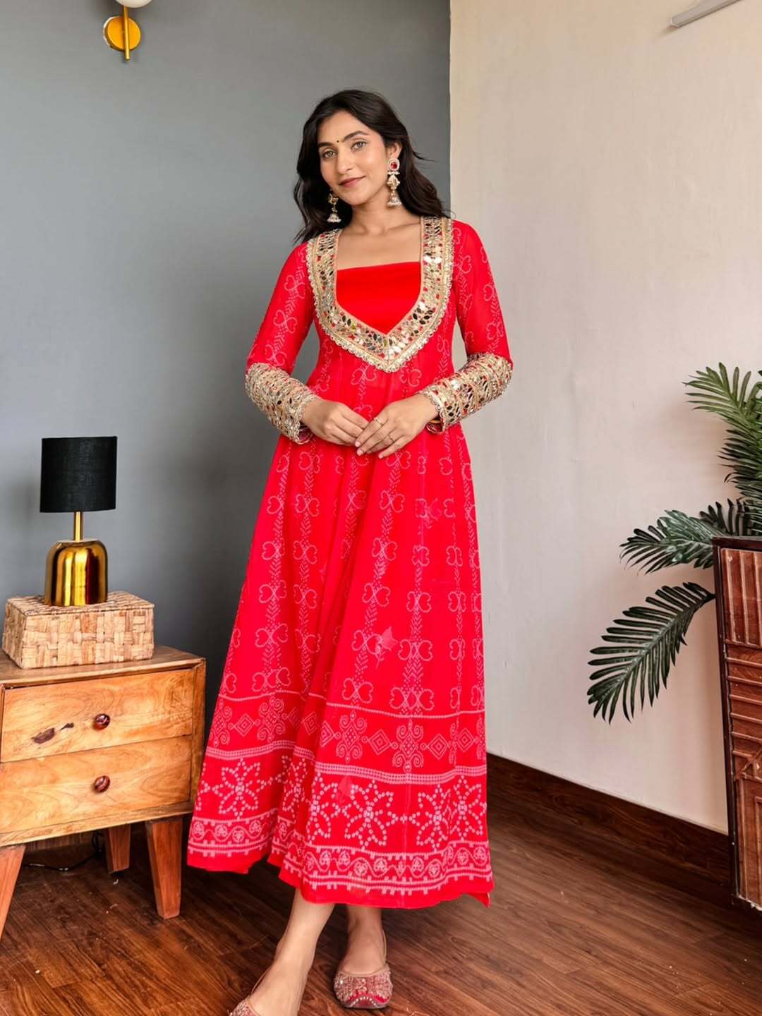 Red Radiance Georgette Kurti Set with Mirror Work | 3-Piece Festive Wear