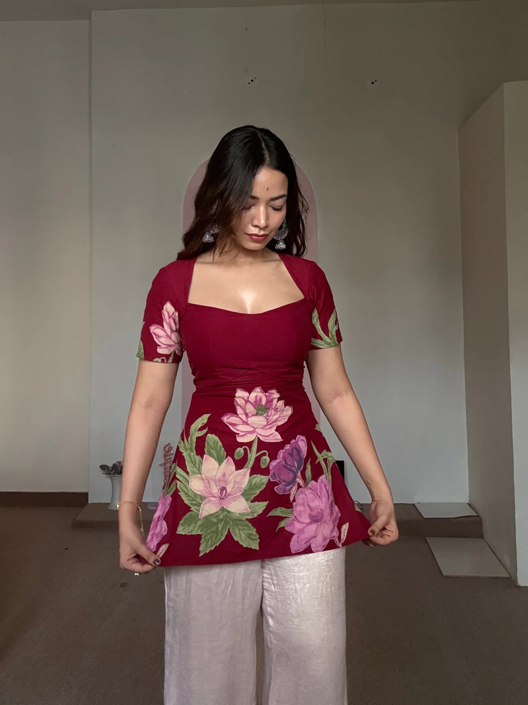 Laila Kurti – Deep Maroon Floral Pure Cotton Kurti with Soft Double Lining